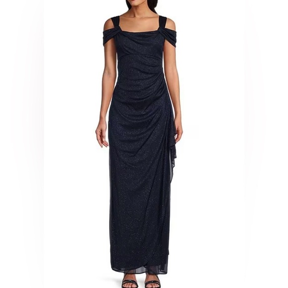 Alex Evenings Glitter Mesh Cold Shoulder Cap Sleeve Side Slit Ruched Gown - Picture 1 of 11